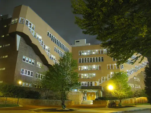 Photo 5: Context · Baker House, MIT, Cambridge, Massachusetts - night view of campus-facing facade