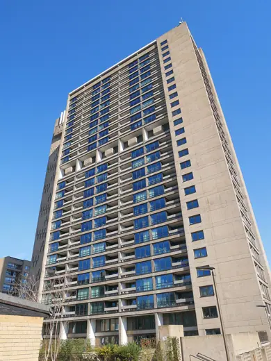 Photo 2: Exterior · Southwest view of the Balfron Tower, Poplar