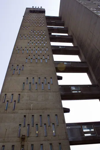 Photo 4: Exterior · The so-called "service tower" of Balfron Tower, housing the lift shafts, drying rooms and rubbish chutes