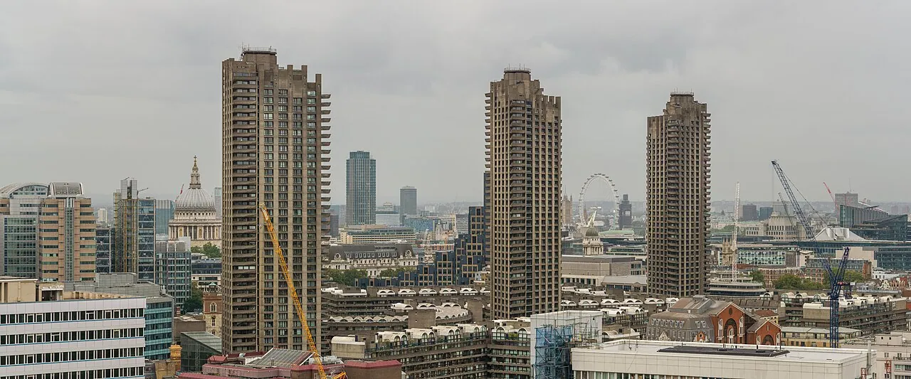 Barbican Estate: Context · Barbican Estate towers from the terrace of the White Collar Factory, Old Street