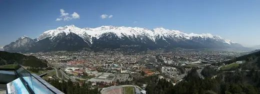 Photo 6: Interior · Panorama aus mehreren Bilder von der Bergiselschanze auf Innsbruck mit der noch schneebedeckten Nordkette