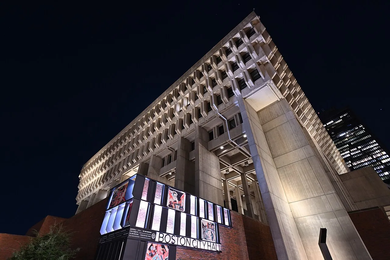 Boston City Hall: Exterior · The north side of Boston City Hall at night