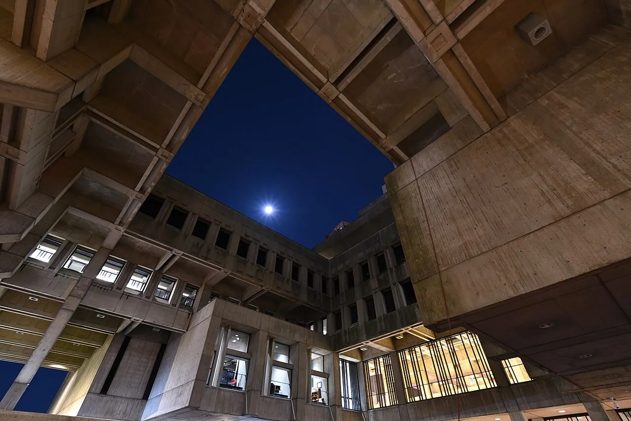 Boston City Hall: Exterior · The courtyard at Boston City Hall at night, with the moon visible