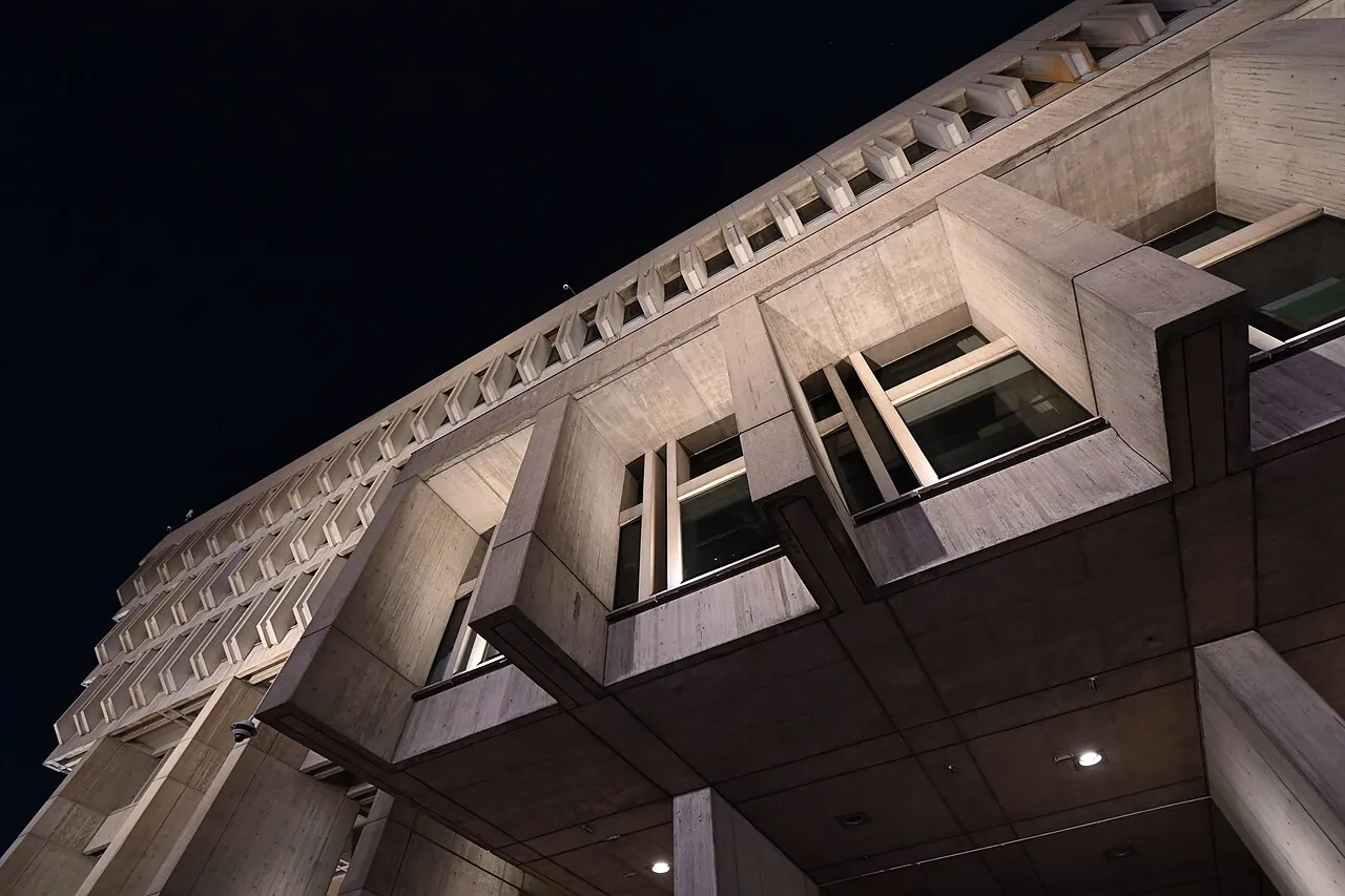 Boston City Hall: Detail · Boston City Hall at night, looking up at the west side