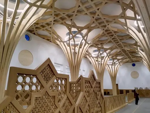 Photo 5: Interior · Cambridge Central Mosque main prayer hall and screen in May 2019