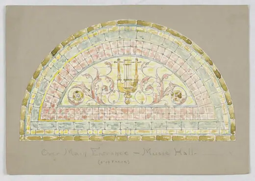 Photo 5: Drawing · Lunette filled with multicolored glass; interior a lute flanked by pink C-curves
