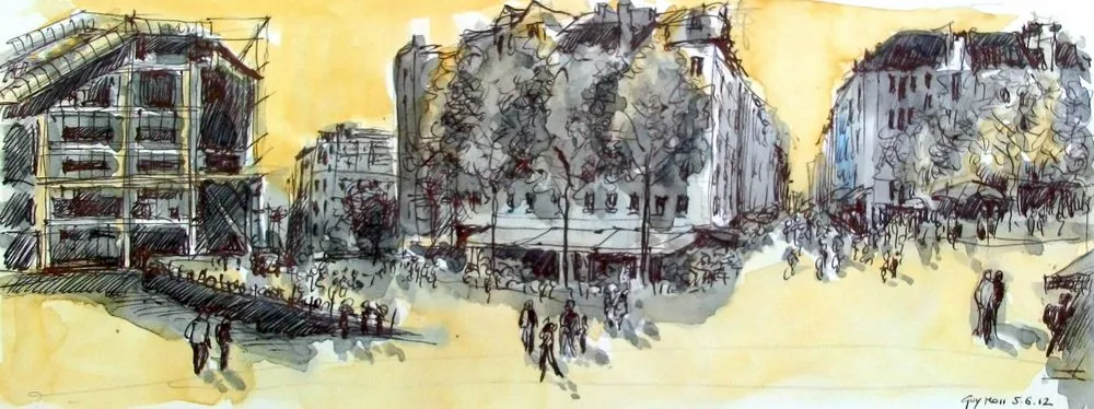 Centre Pompidou: Sketch · croquis au stylo à bille et aquarelle d'après Street View / ballpoint and wash sketch from a Street View