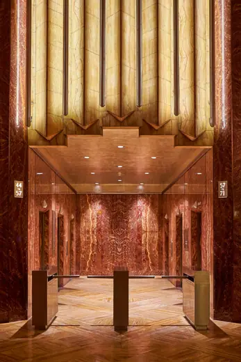 Photo 5: Interior · Chrysler Building lobby on 42nd street entrance, central elevator bank with art deco illumination