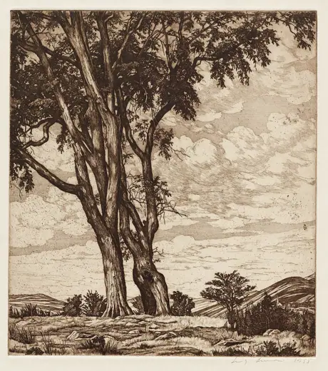 Photo 3: Exterior · Hilltop Elms is an etching of a tall tree completed by Luigi Lucioni in 1955