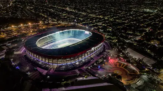 Photo 6: Context · Aerial view taken by drone of Azteca Stadium following its 2026 renovation as Banorte Stadium