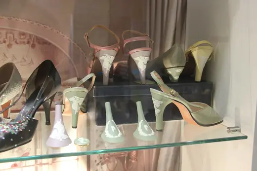 Photo 4: Exterior · Display of women's shoes and shoe heels, 1950s-70s, the heels made from Wedgwood Jasperware china