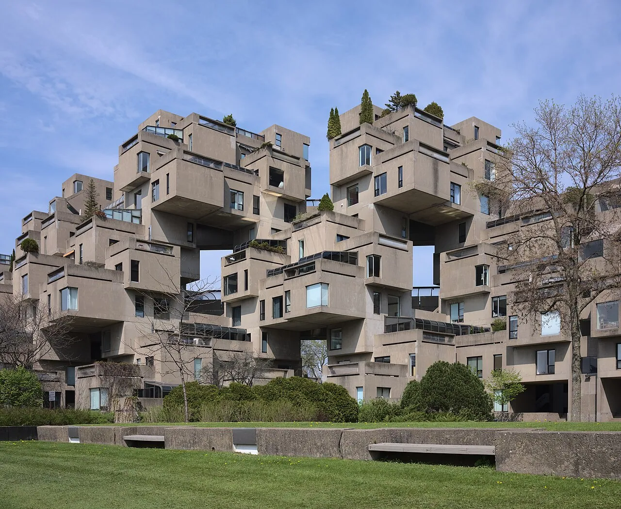 Habitat 67: Exterior · Ground level view of Habitat 67 in Montreal