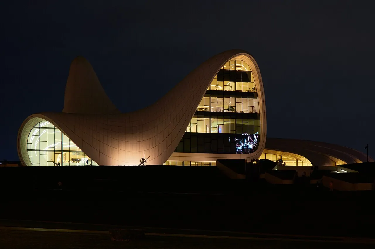 Heydar Aliyev Center: Exterior · The Heydar Aliyev Center illuminated at night