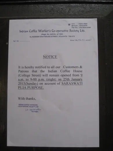 Photo 6: Detail · Notice in 1st floor door of Coffee house college street in Kolkata