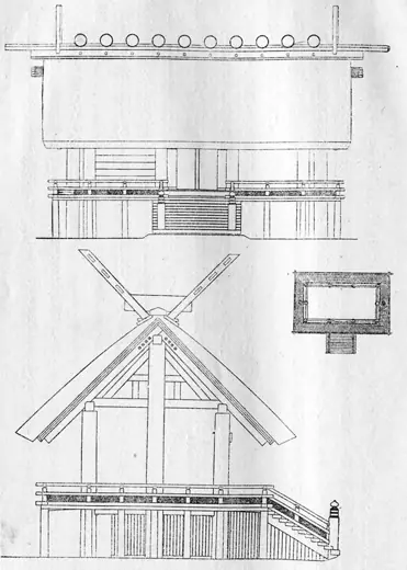 Photo 7: Plan · Front and Side View of the Honden at the Ise Shrine