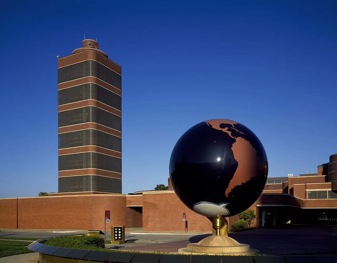 Johnson Wax Headquarters: Exterior · Title: Building, globe, and grounds of the S.C