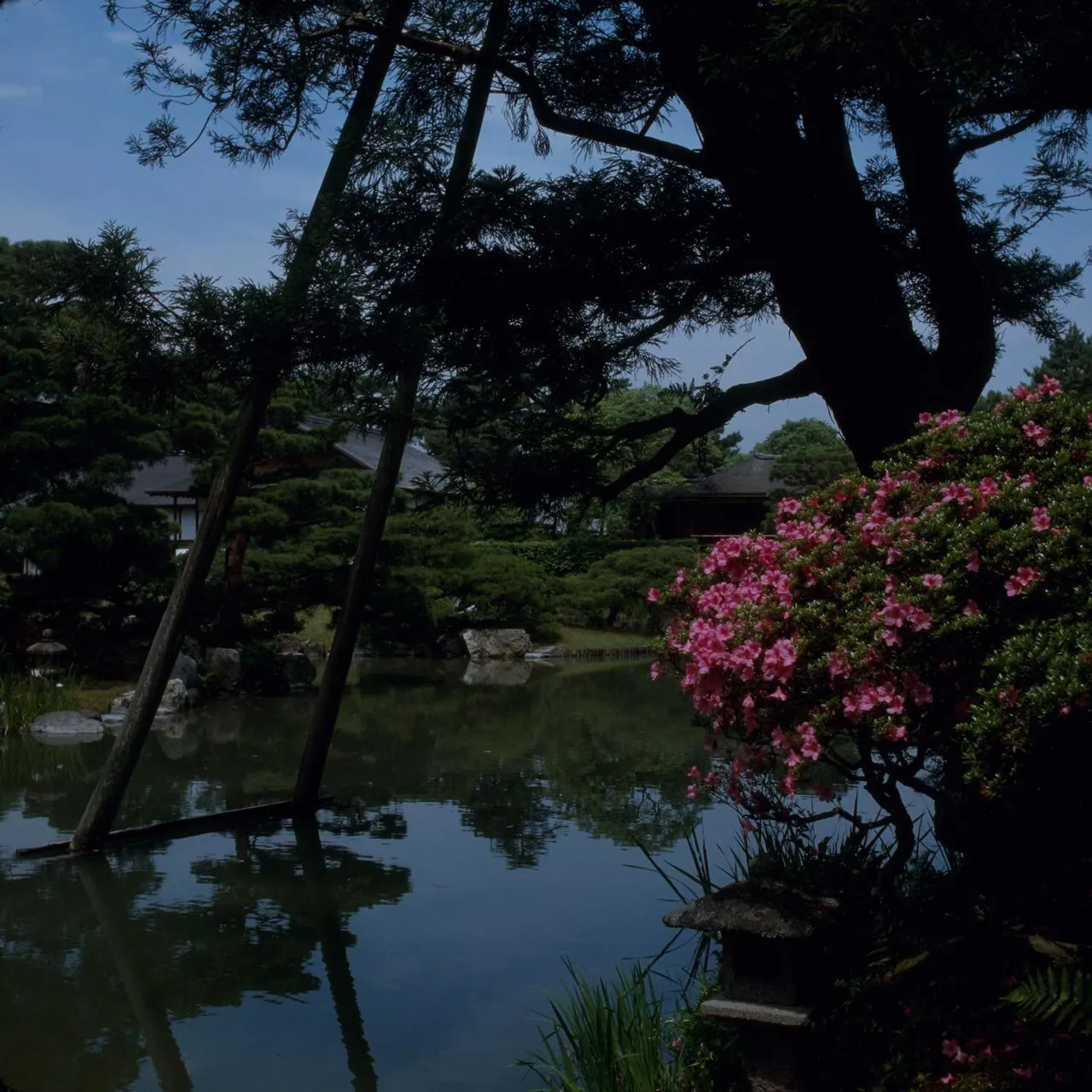 Katsura Imperial Villa: Detail · Photograph of wooden structure in pond outside Shōkintei in Katsura Imperial Villa, Japan