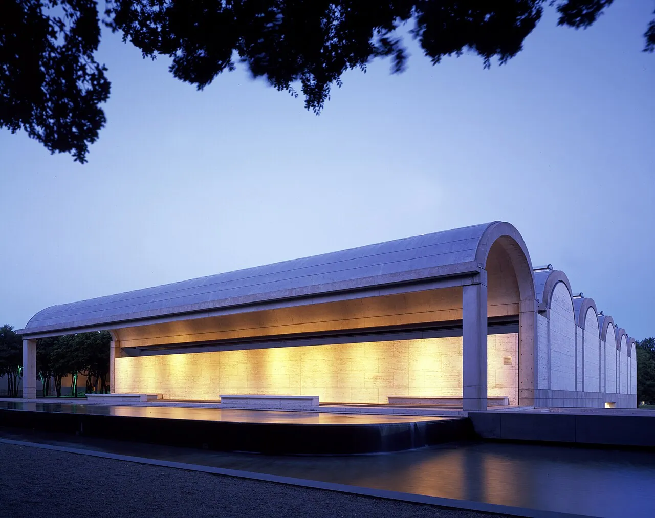 Kimbell Art Museum: Exterior · South wing of the Kimbell Art Museum at dusk, Fort Worth, Texas