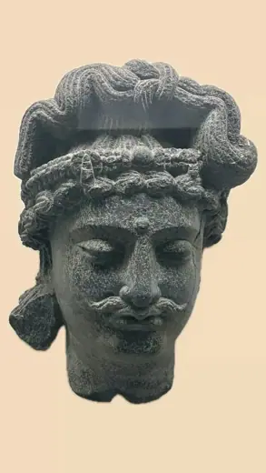 Photo 3: Detail · Head of Boddhisatva Maitreya, Late 2nd century CE, Gandhara, Lal Bhai Museum, Ahmedabad