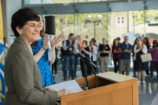 Photo 2: Exterior · Mary Papazian gives a speech for the 15th anniversary of King Library