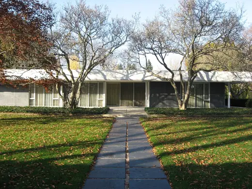 Photo 2: Exterior · Southern entrance to the Miller House , located at 2760 Highland Way in Columbus , Indiana , United States 