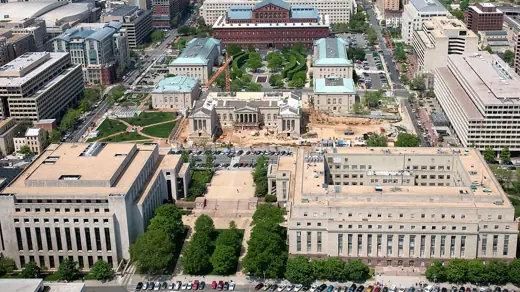 Photo 8: Interior · Aerial view of the National Building Museum and surrounding Judiciary Square neighborhood in Washington, D.C