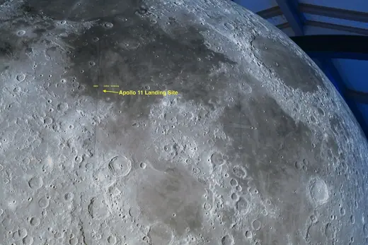 Photo 4: Exterior · Annotated with Apollo 11 landing site and the craters Armstrong, Aldrin and Collins