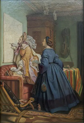 Photo 5: Interior · Genre scene showing a young man visiting a young woman in a cozy room
