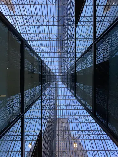 Photo 5: Interior · Atrium ceiling of Pennzoil Place (1976), by Philip Johnson/John Burgee Architects , Houston 