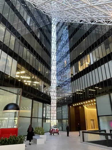 Photo 6: Interior · East lobby of Pennzoil Place (1976), by Philip Johnson/John Burgee Architects , Houston 