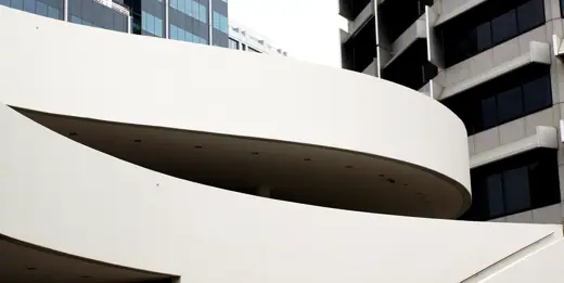 Photo 5: Detail · Detail of the curved architecture surrounding the plaza of QV1 , a skyscraper in Perth , Western Australia 