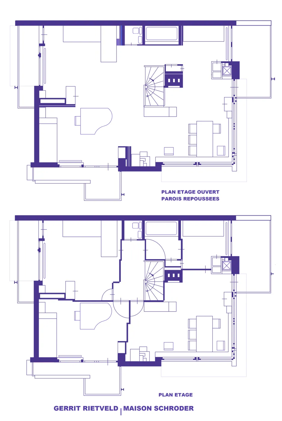 Rietveld Schröder House: Drawing · Gerrit Rietveld, Maison Schröder, plan étage avec variante parois repoussées