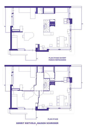 Photo 9: Drawing · Gerrit Rietveld, Maison Schröder, plan étage avec variante parois repoussées