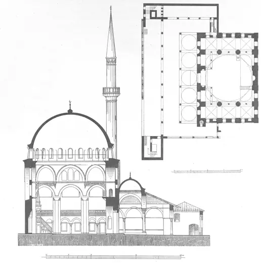 Photo 3: Plan · Plan and section of Rüstem Pasha Mosque in Istanbul