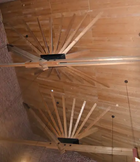 Photo 7: Detail · Rafters in the ceiling of the council chamber of Säynätsalo town hall in Jyväskylä, Finland