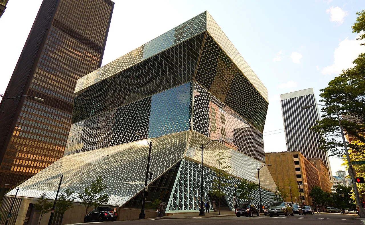 Seattle Central Library: Exterior · Seattle Central Library looking west from 5th Ave and Madison St