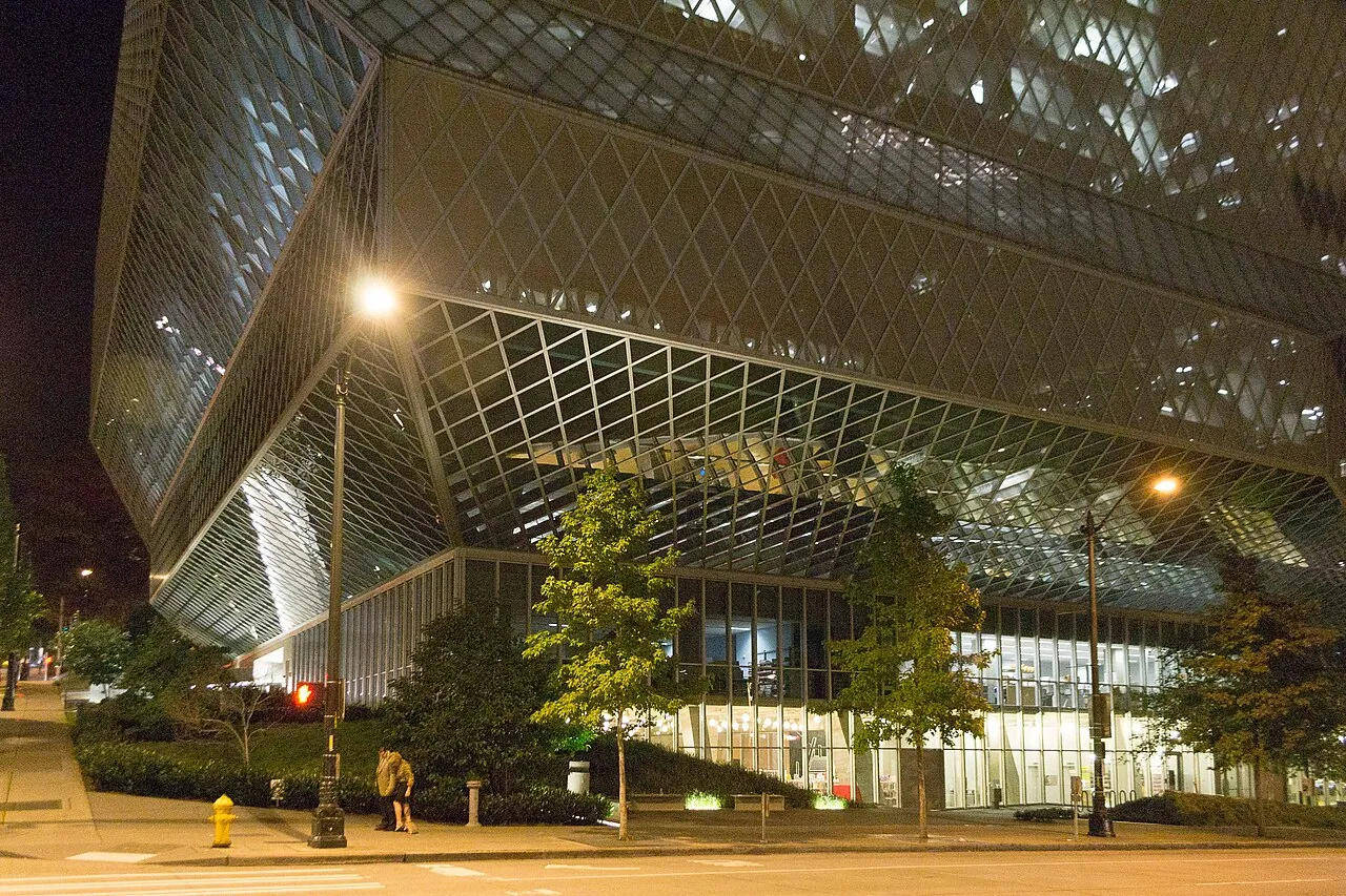 Seattle Central Library: Context · A view of the Seattle Central Library at night