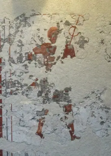 Photo 4: Detail · Wandmalerei (Detail) im Schutzbau über der archäologischer Fundstelle im Welschdörfli in Chur