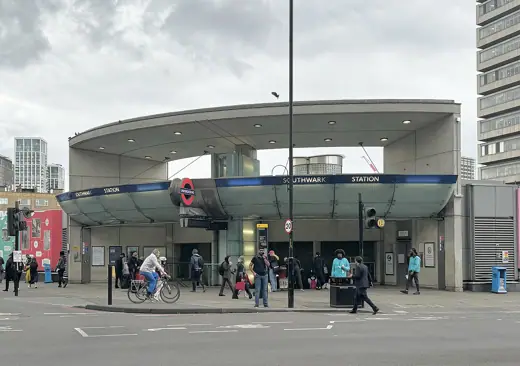 Photo 2: Exterior · The station entrance at Southwark from The Cut, July 2024