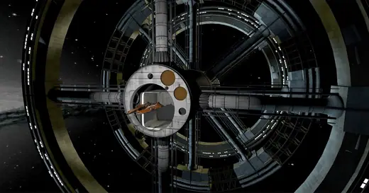 Photo 3: Exterior · An artwork of a fictional spacecraft leaving a fictional space station