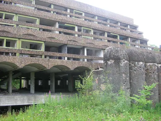 Photo 2: Exterior · Main block with terraced rooms at St Peter's Seminary in Cardross designed by Gillespie, Kidd and Coia