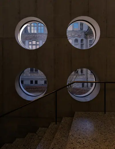Photo 6: Interior · Round windows and staircase at the museum extension, Swiss National Museum, Zurich, Switzerland