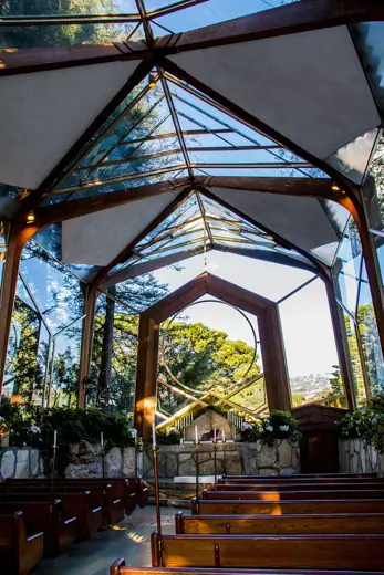 Photo 5: Interior · Taken from the inside of Wayfarer's chapel at mid-afternoon in autumn