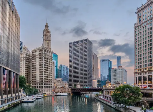 Photo 3: Exterior · View eastward along the main branch of the Chicago River in downtown Chicago, Illinois, during blue hour