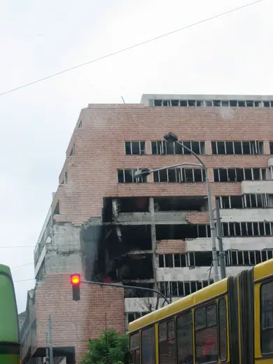 Photo 6: Context · The damaged Generalštab on Nemanjina Street in Belgrade in 2005